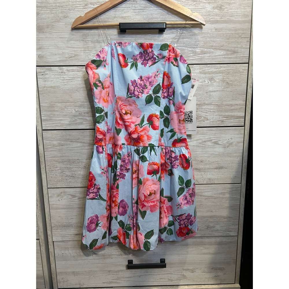 Emerald Sundae Floral Strapless Bubble Hem Mini Dress Light Blue Pink NWT